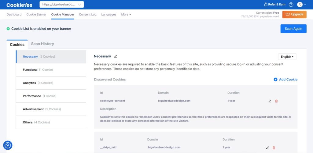 Screenshot of CookieYes web app dashboard where you can run a cookie scan and easily generate your Privacy Policy and Cookie Policy. 