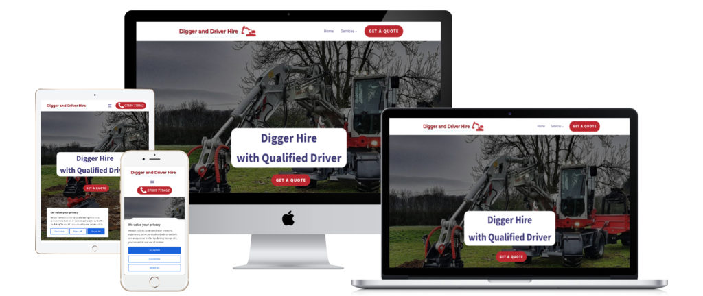 Responsive design of Digger Hire site on various devices.