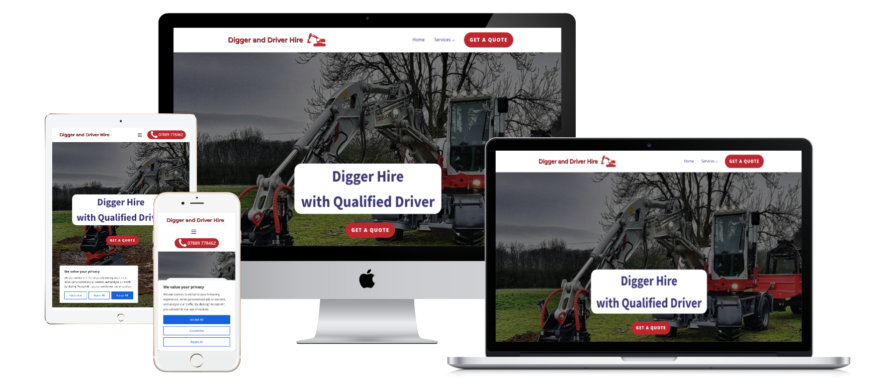Website design for Digger and Driver Hire in Milton Keynes, shown on multiple screen sizes side by side.