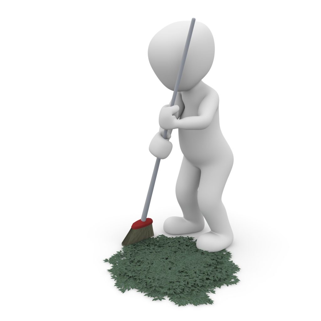 3D figure of a person sweeping up some dust. Citation Cleanup.