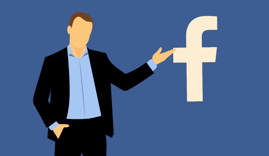 Facebook Ads - Cartoon style man in business attire standing in front of and gesturing toward the Facebook logo.