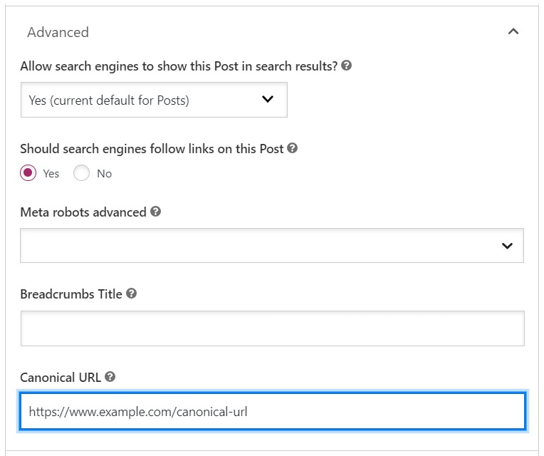 Yoast post editor advanced settings showing canonical URL setting for on-page SEO.