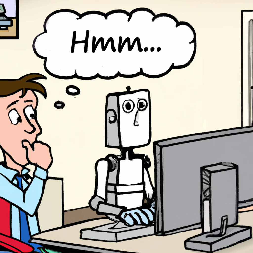 AI Blog Writing Service represented by a cartoon image of a man sitting at a desk and thinking while a robot types at the computer.