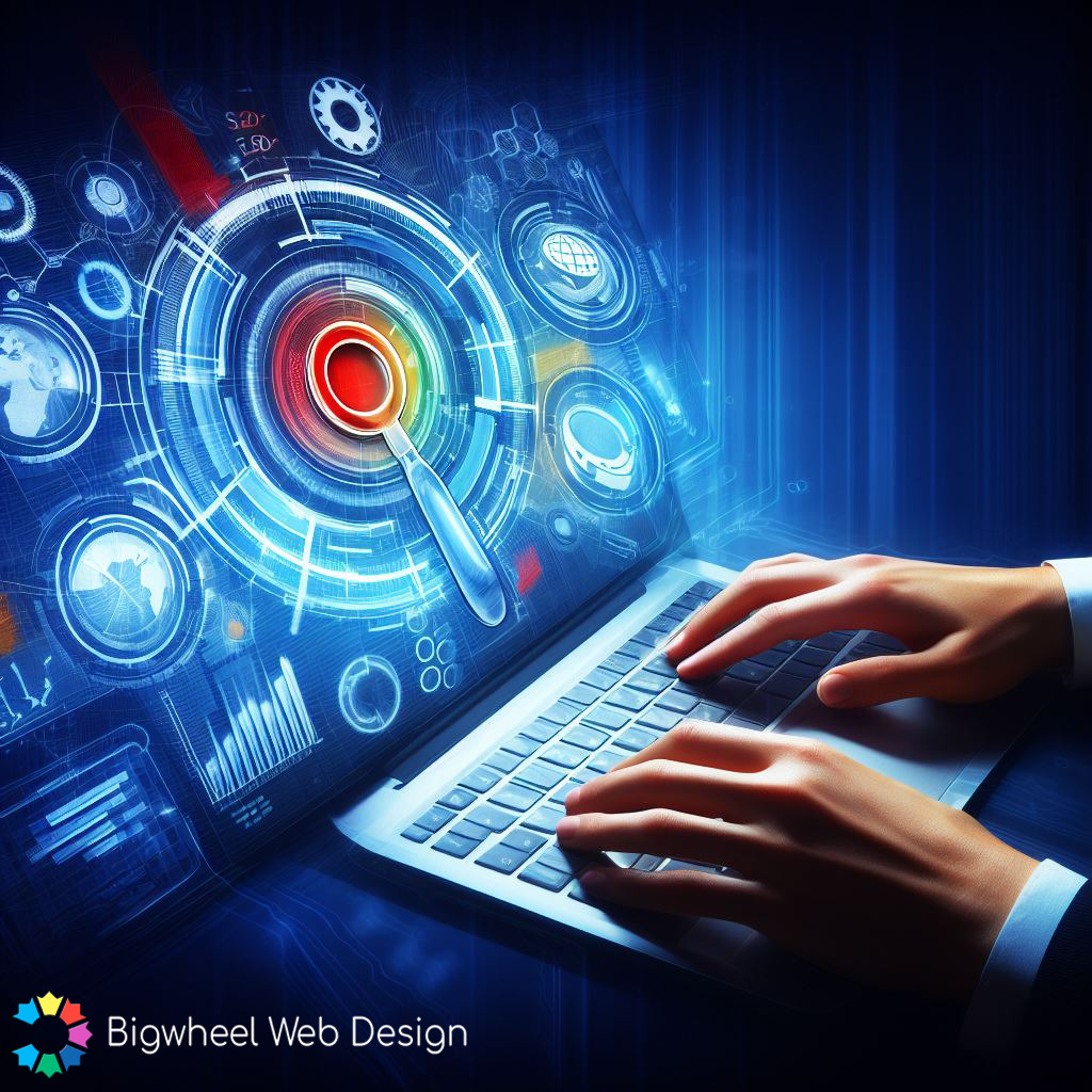 AI Image of a pair of hands typing on a keyboard with a futuristic computer screen showing a magnifying glass to represent Search Engine Optimisation.