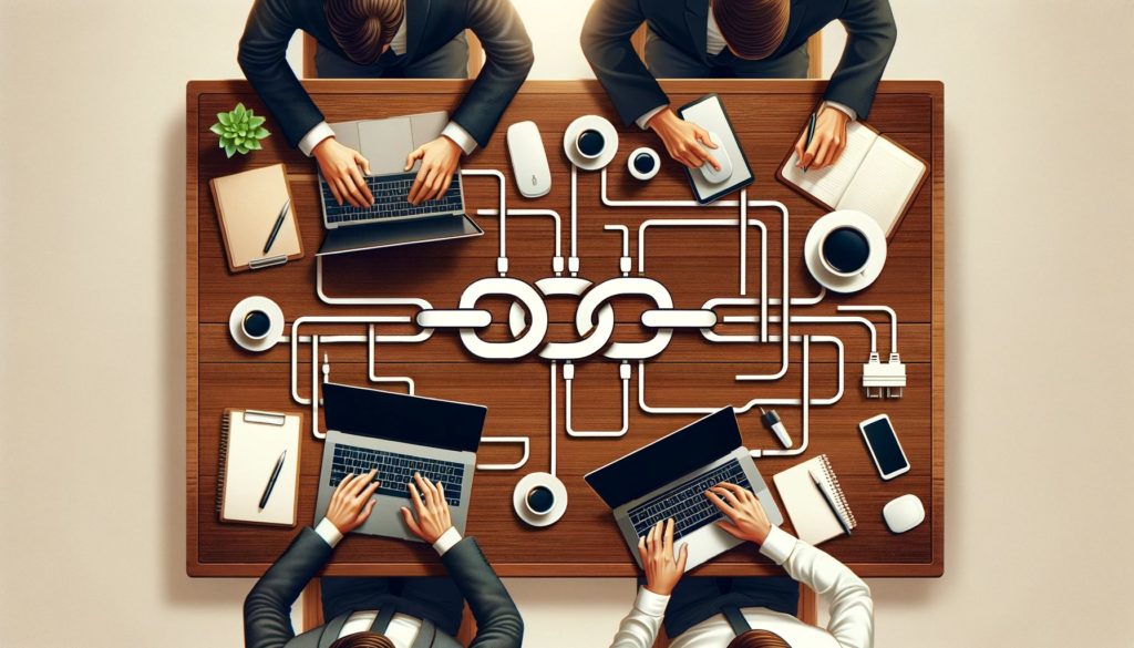 Teamwork on custom link building strategy. Birds eye view of four men in business attire working at laptops on a desk. A symbol of a chain in the middle of the desk symbolises link building. 