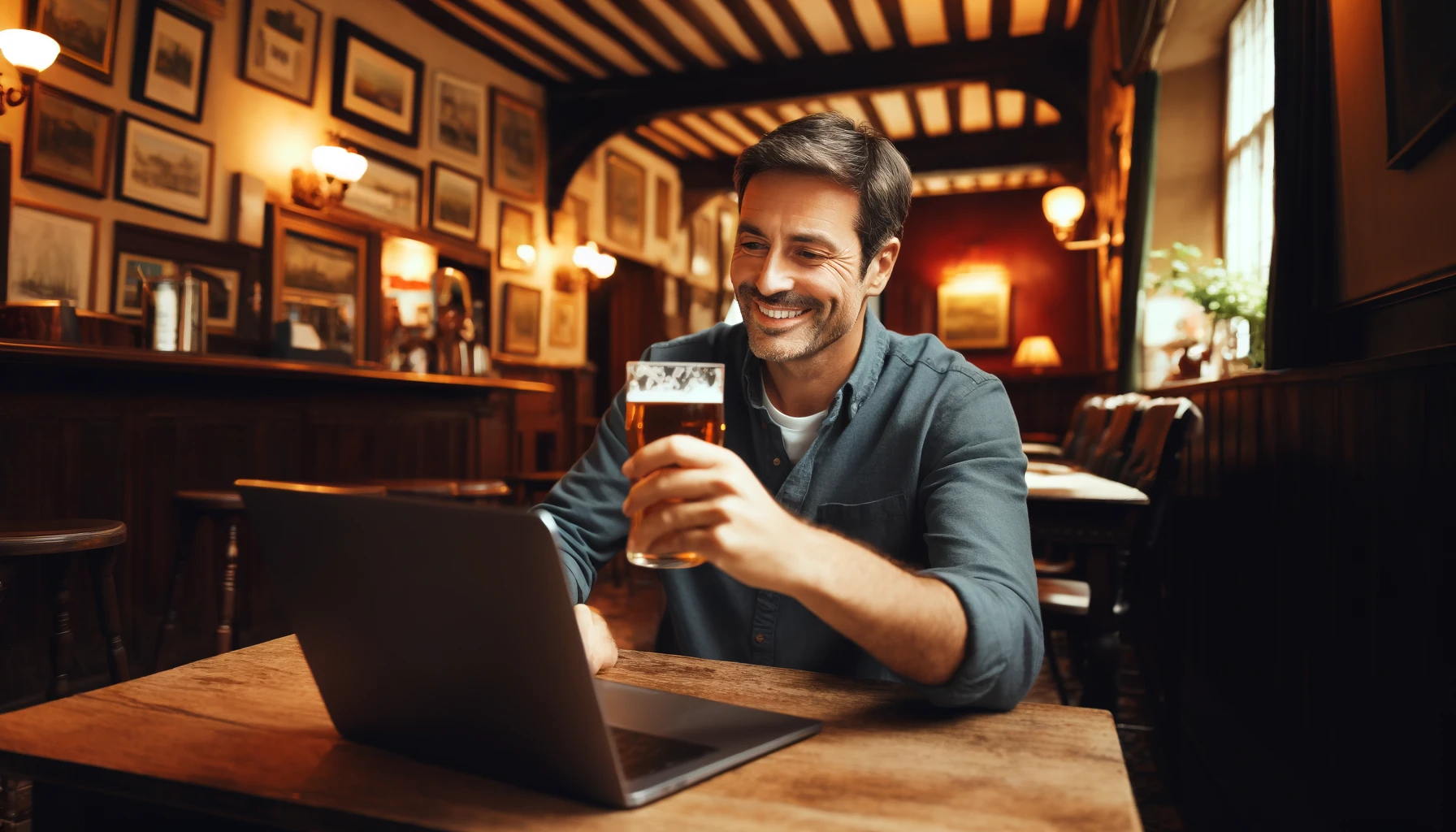 A man sitting in a pub with a pint of beer in his hand, looking at a laptop screen and smiling. Perhaps he is looking at our SEO results and celebrating with a pint!