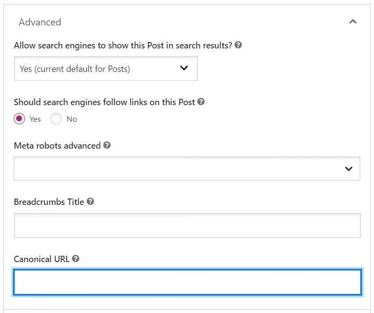 Yoast post editor advanced settings showing canonical URL setting for on-page SEO.